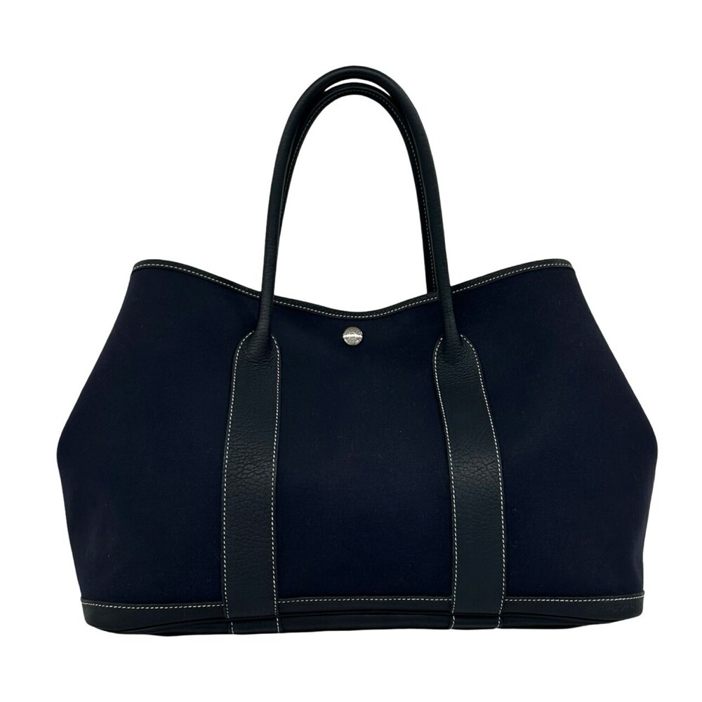 HERMES Garden Party PM Buffle Toile H Tote Bag Handbag Navy 632-9